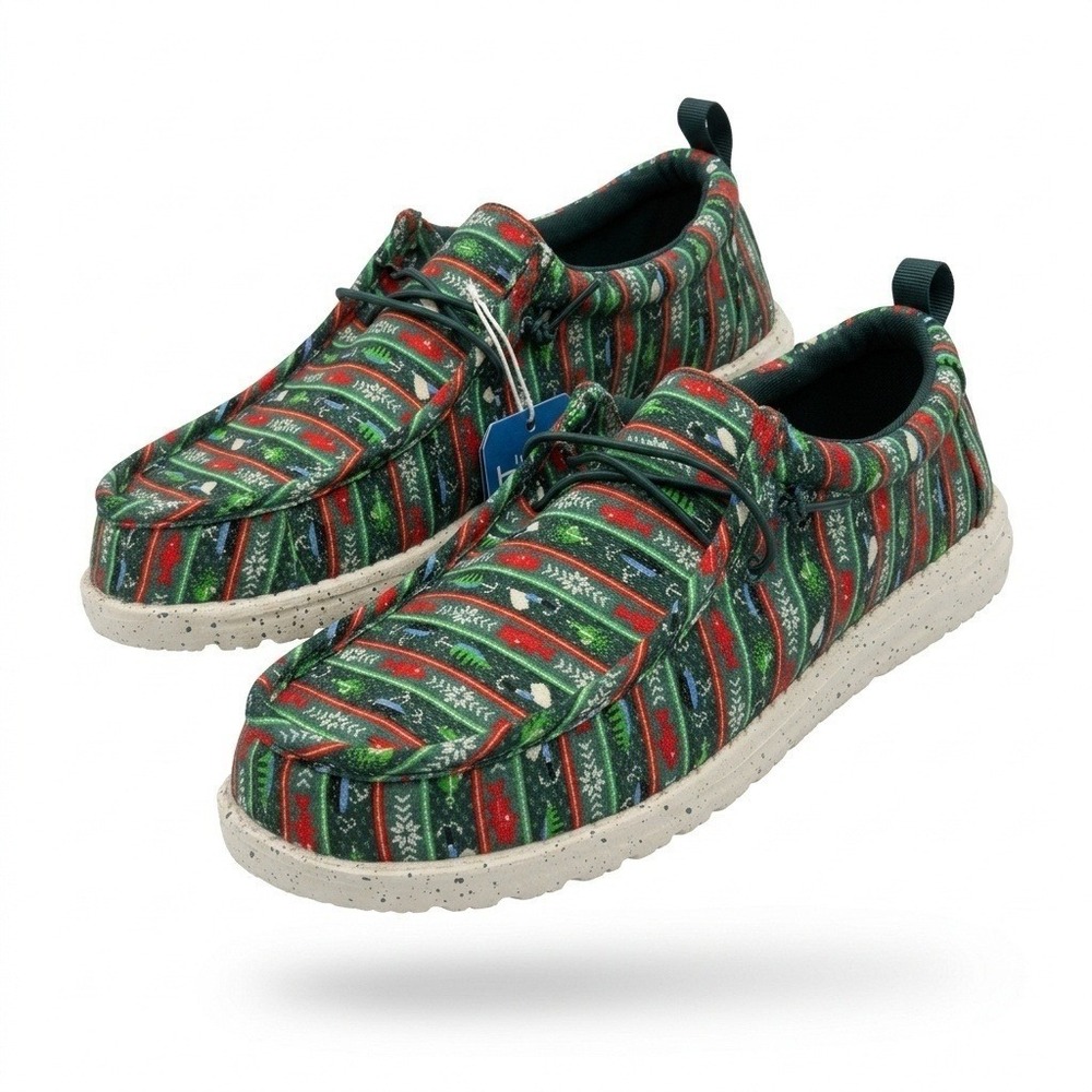 Hey Dude Wally Fishmas Sweater Mens Size 10 Pine Green New Holiday Loafers *NEW*